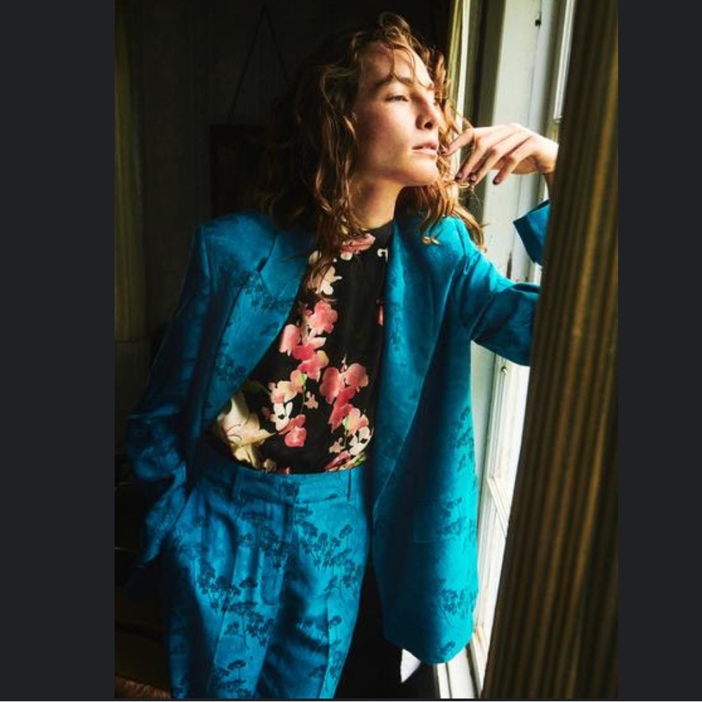 NWT Zara DOUBLE BREASTED JACQUARD BLAZER Turquoise Size Small & Medium